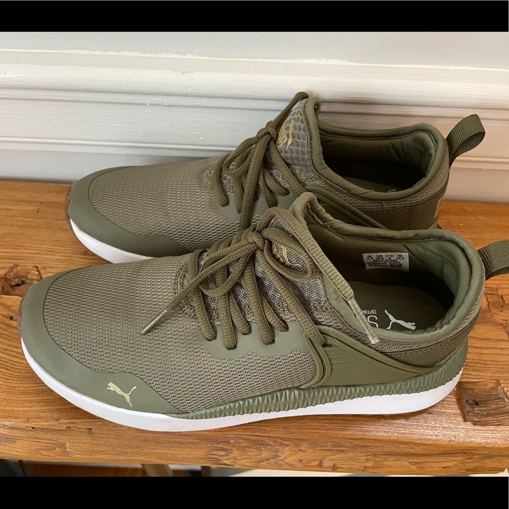 Olive green, Puma soft foam sneakers, size 8